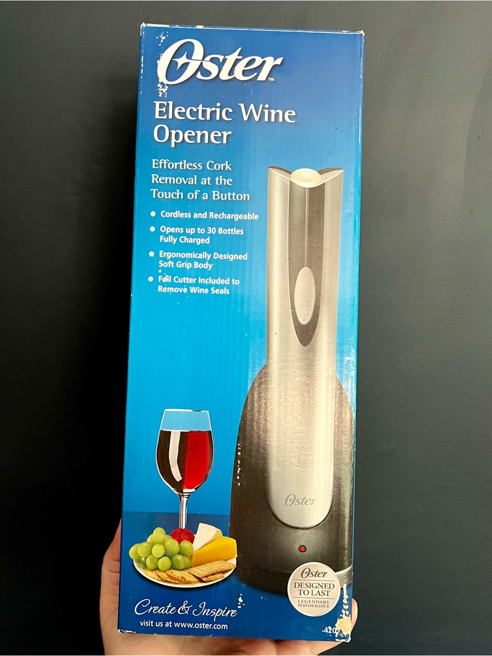 Oster Cordless Electric Wine Opener in Silver and Black